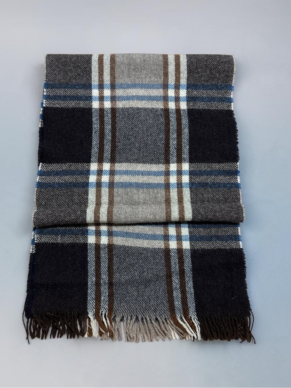 Vintage Park Lane Tartan Plaid Wool Scarf Brown Cream Blue Accent Fringe